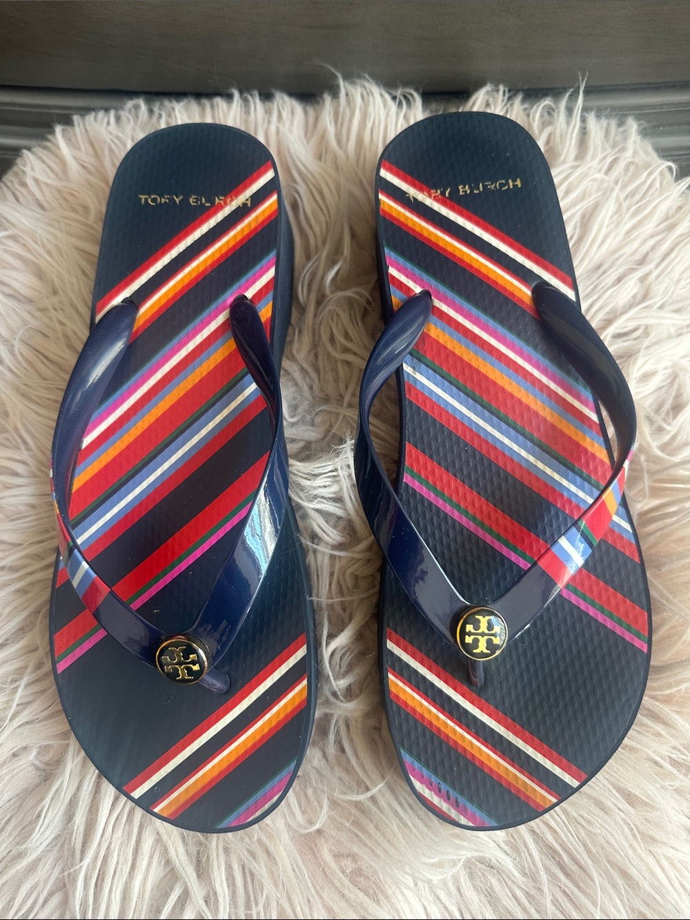 Tory Burch Navy Flip Flops with Multicolor Diagonal Stripes